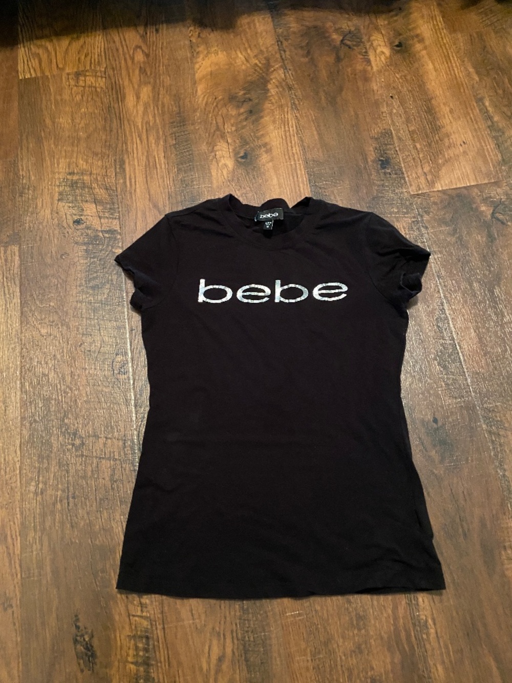 Bebe T-shirt Top Silver Logo  Cotton Sz M